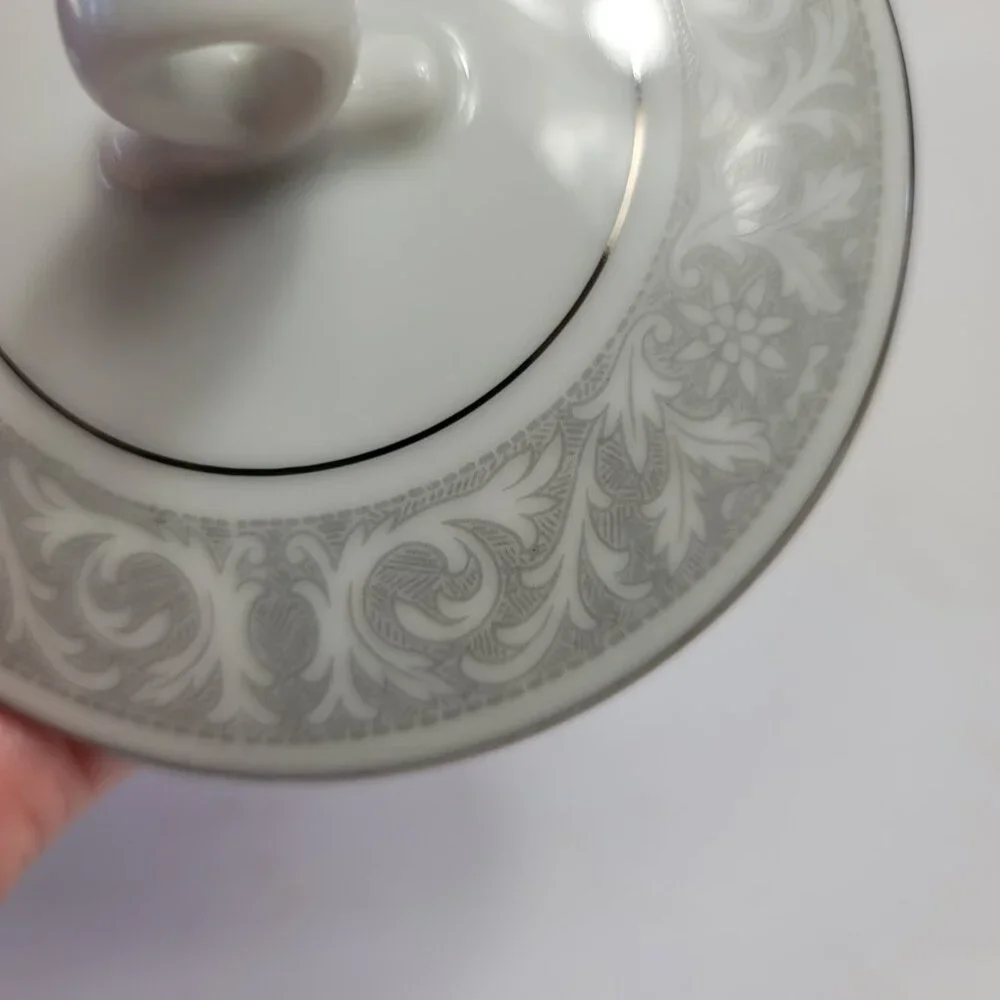 Imperial China Whitney Sugar Bowl & Lid White Gray Band Leaf Scrolls W. Dalton